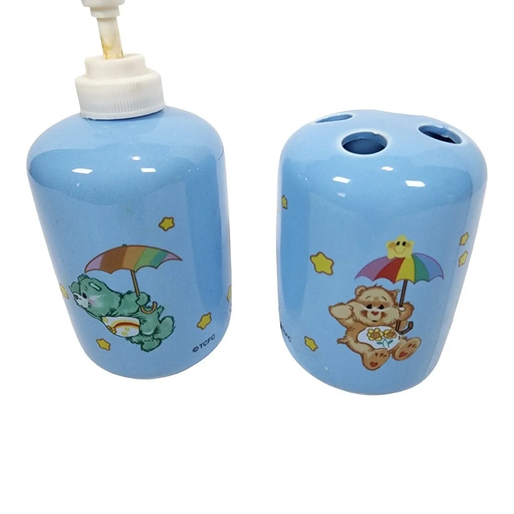 Vintage Care Bears Ceramic Soap Dispenser and Toothbrush Holder Set Blue TCFC